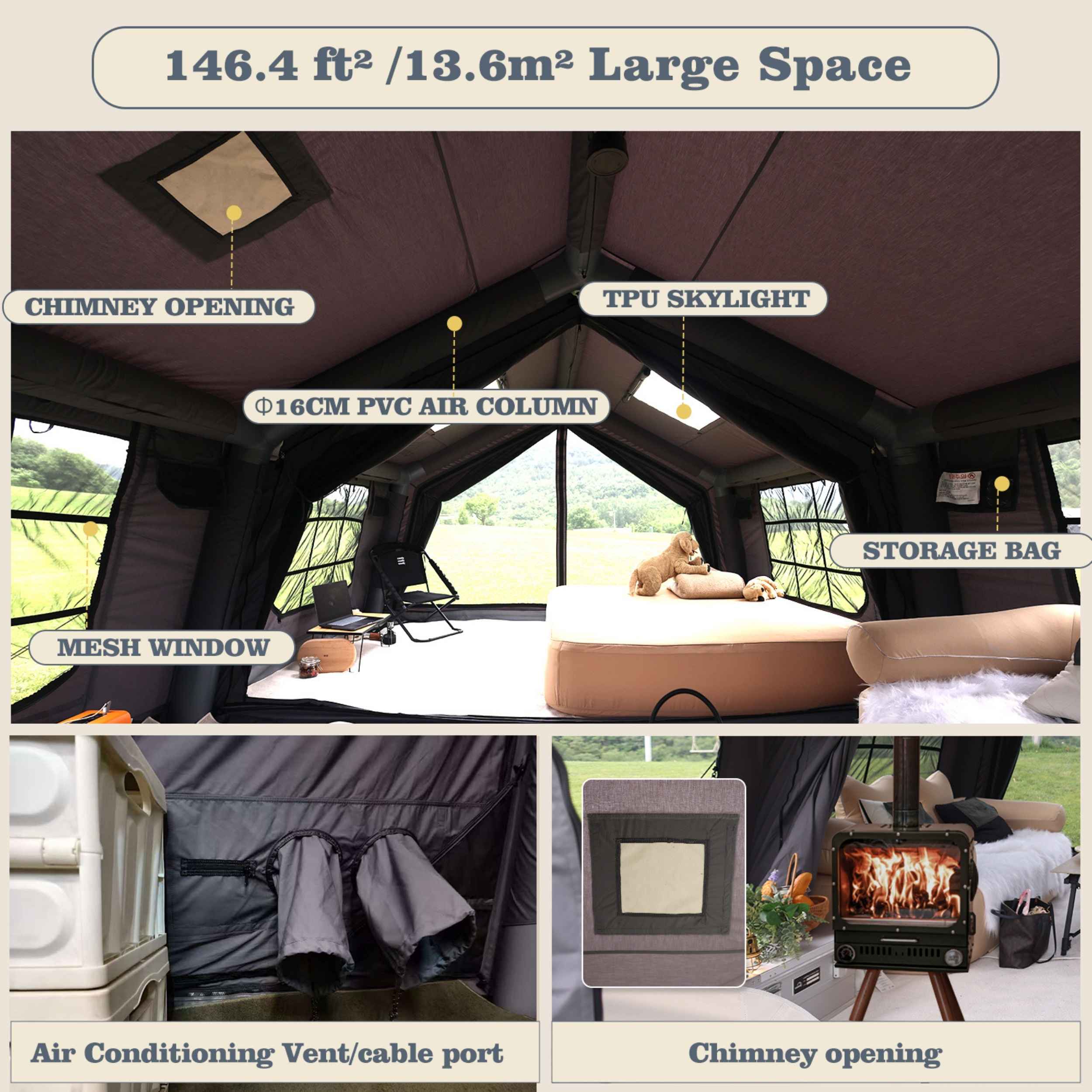 Coody Familia AirTent 13.6 Gray Inflatable Tent House for Camping (2-8 Person)