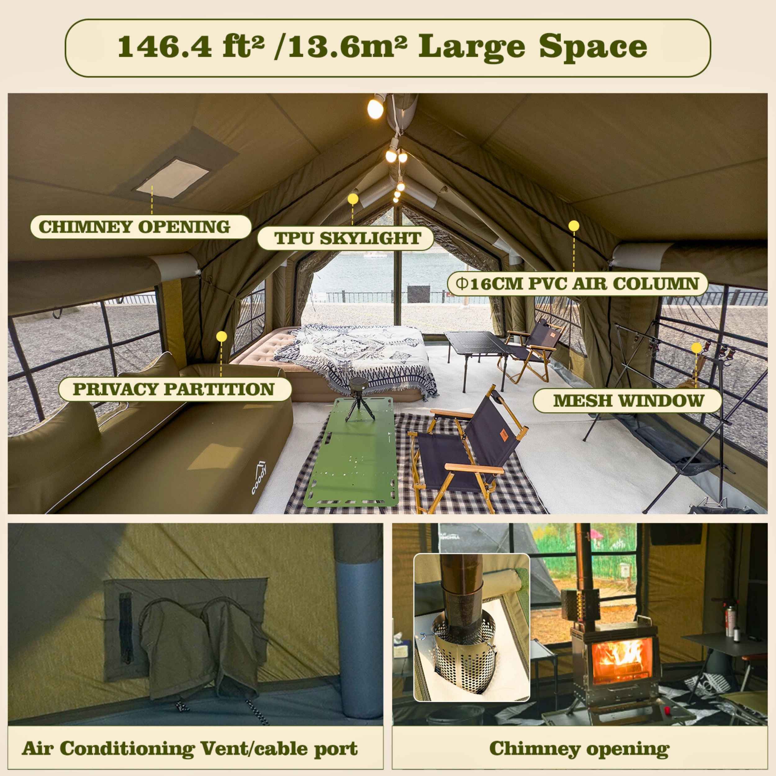 Coody Familia AirTent 13.6 Forest Green Inflatable Tent House for Camping (2-8 Person)