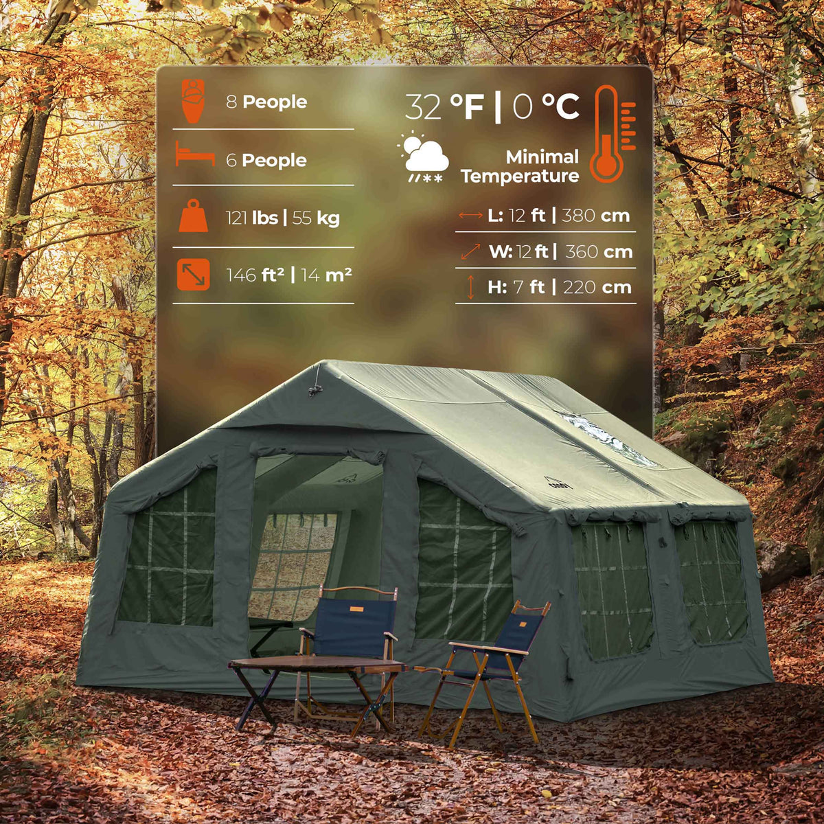 Coody Familia AirTent 13.6 Forest Green Inflatable Tent House for Camping (2-8 Person)