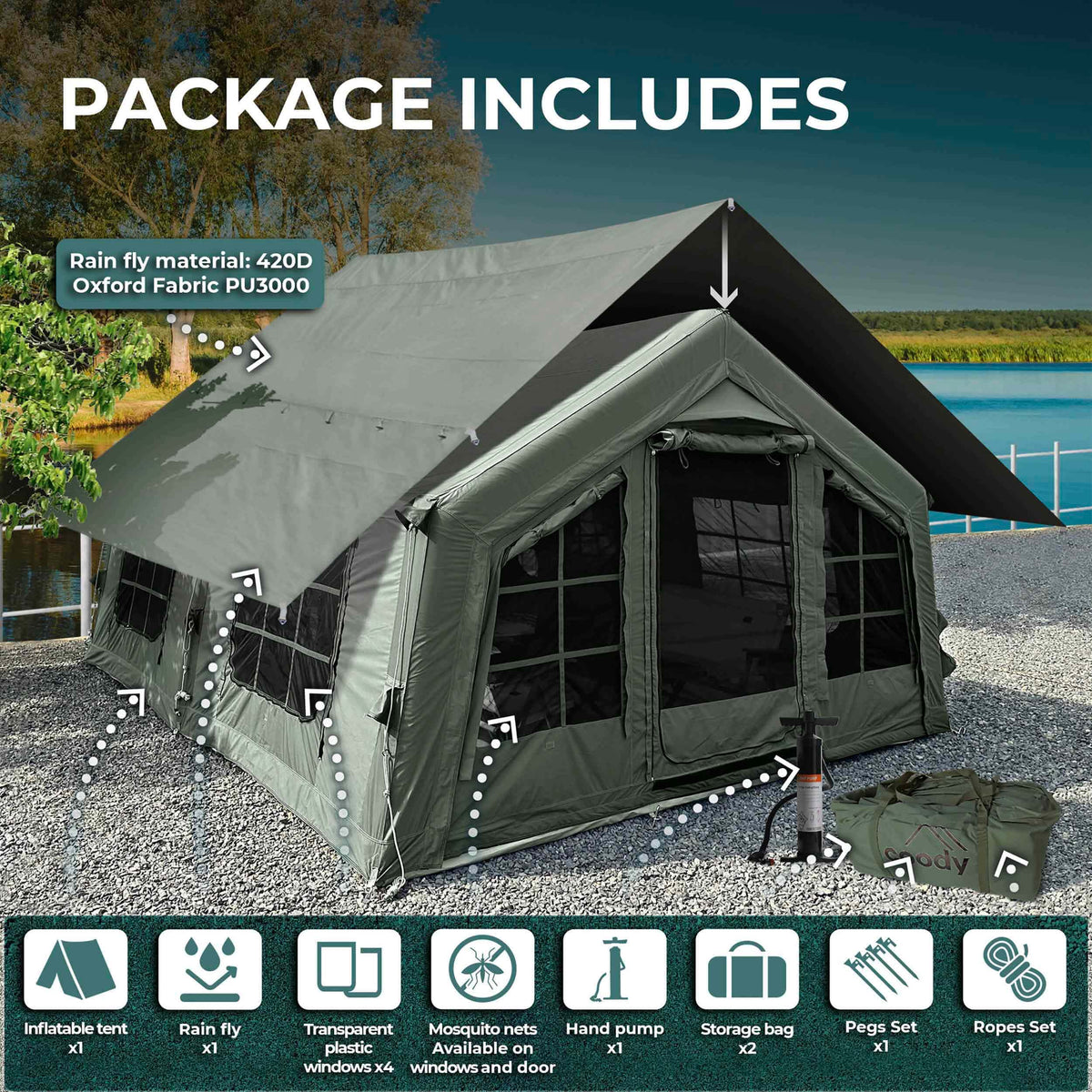 Coody Familia AirTent 13.6 Forest Green Inflatable Tent House for Camping (2-8 Person)