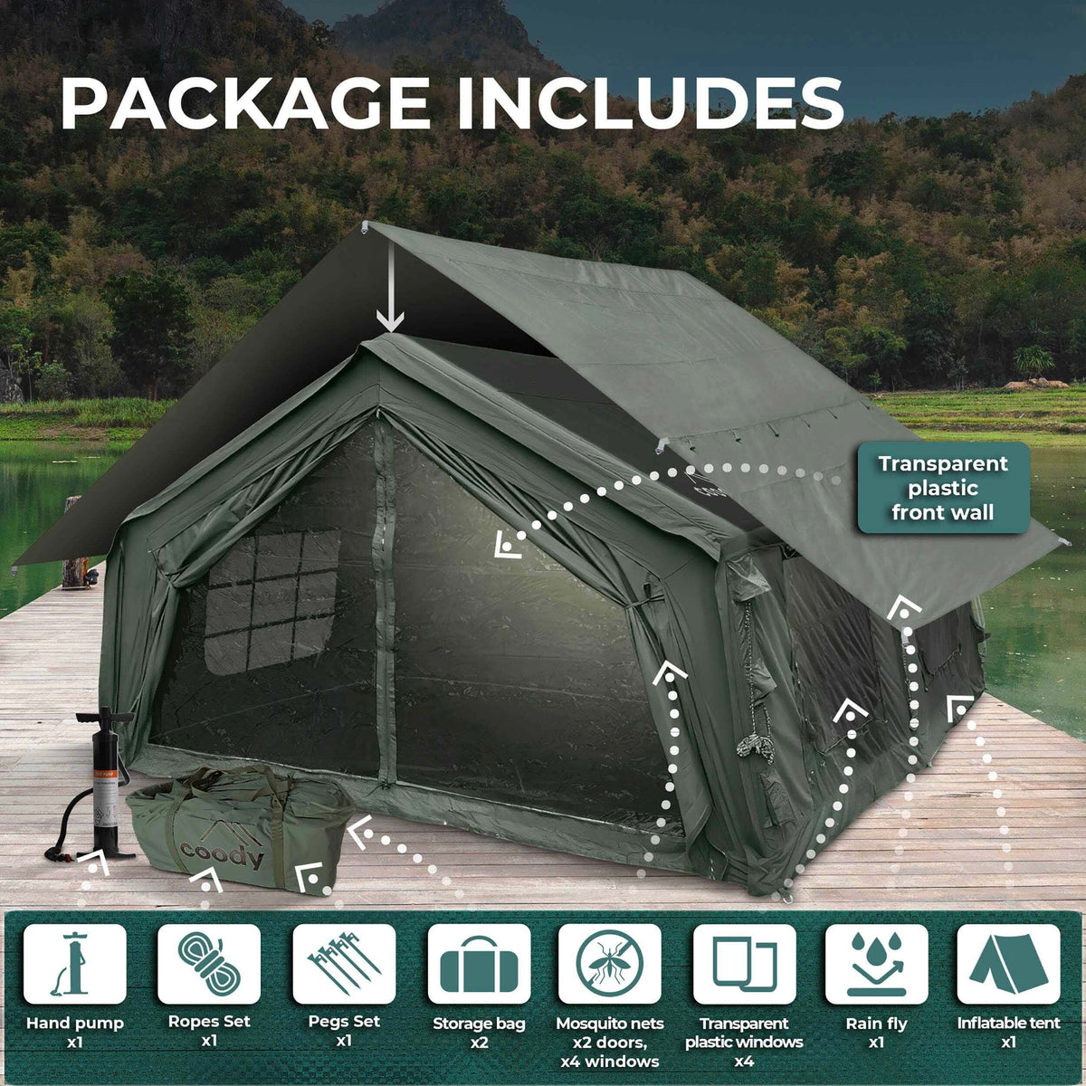 Coody Familia AirTent 17.2 green Inflatable Tent House for Camping (2-10 Person)