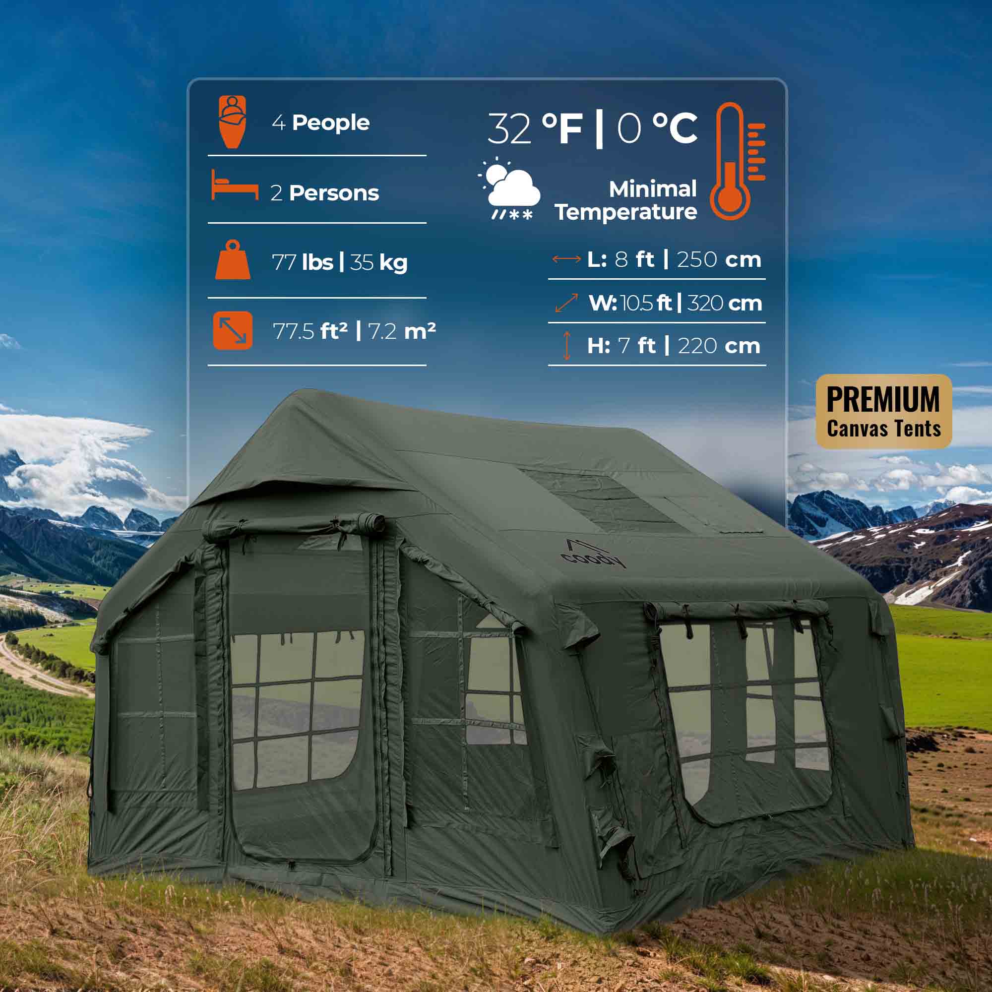 Coody 8.0 Air Tent Green - Inflatable Tent House for Camping (1-4 Person)