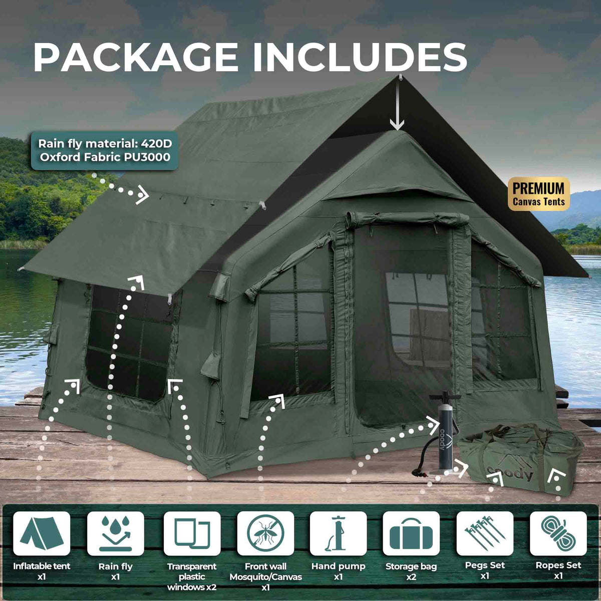 Coody 8.0 Air Tent Green - Inflatable Tent House for Camping (1-4 Person)