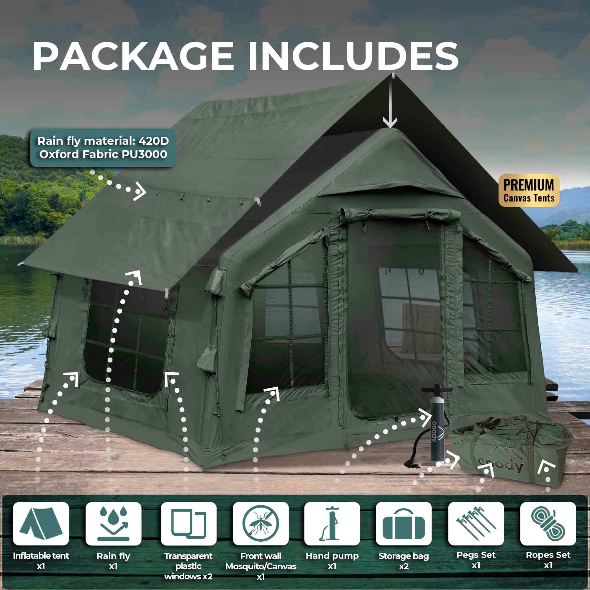 Coody 8.0 Air Tent Green - Inflatable Tent House for Camping (1-4 Person)