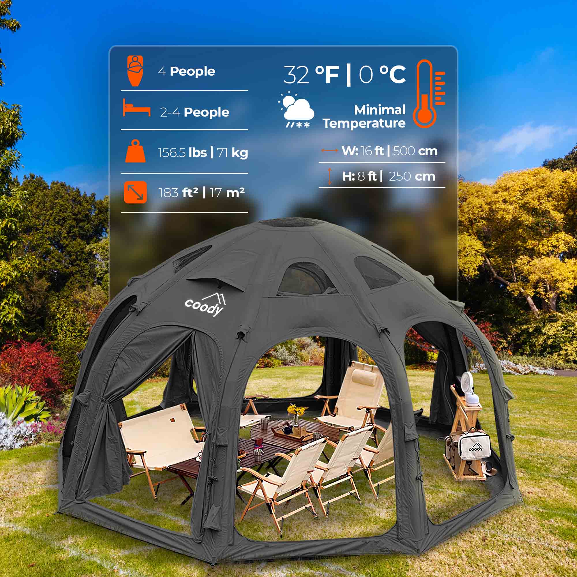 Coody Aurora Dome Black Inflatable Shelter for Outdoors (2-4 person)