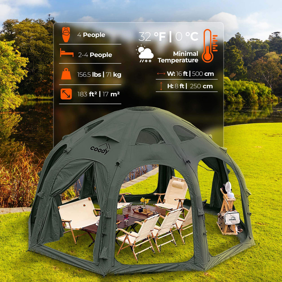 Coody Aurora Dome Green Inflatable Shelter for Outdoors (2-4 person)