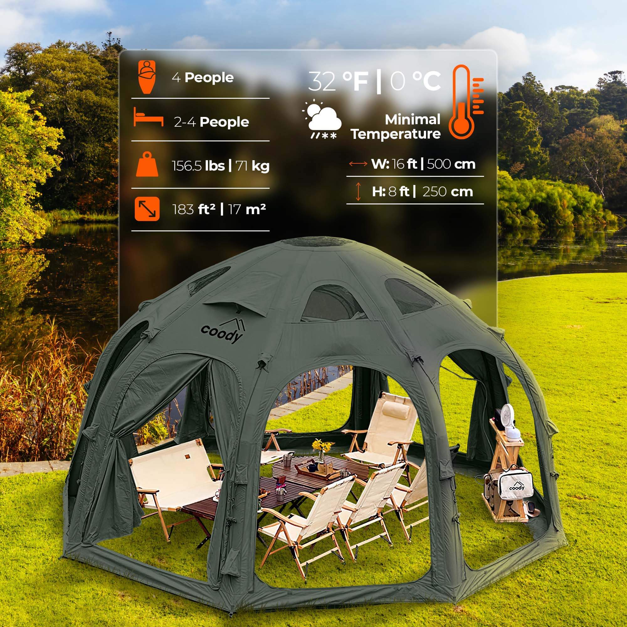 Coody Aurora Dome Green Inflatable Shelter for Outdoors (2-4 person)