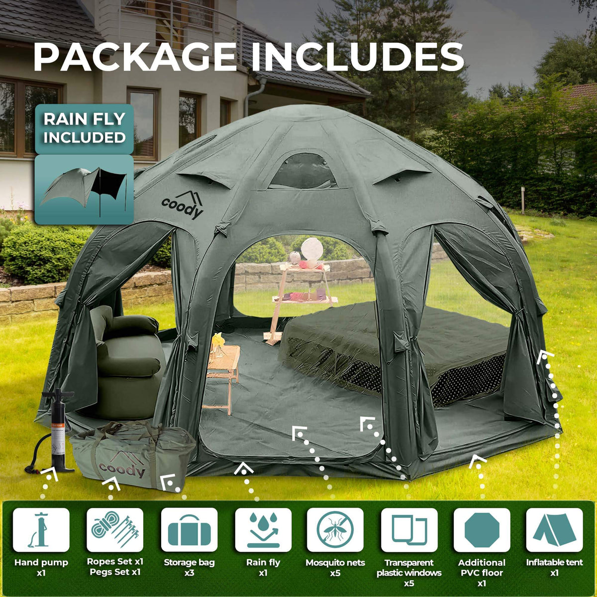 Coody Aurora Dome Green Inflatable Shelter for Outdoors (2-4 person)