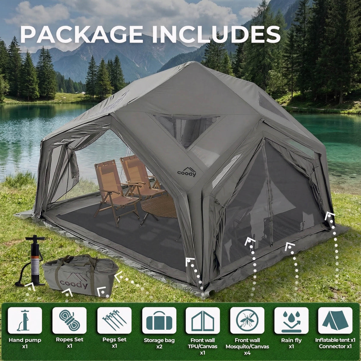 Coody AirTent Hub Shelter Gray Inflatable Tents for Camping (2-6 Person)