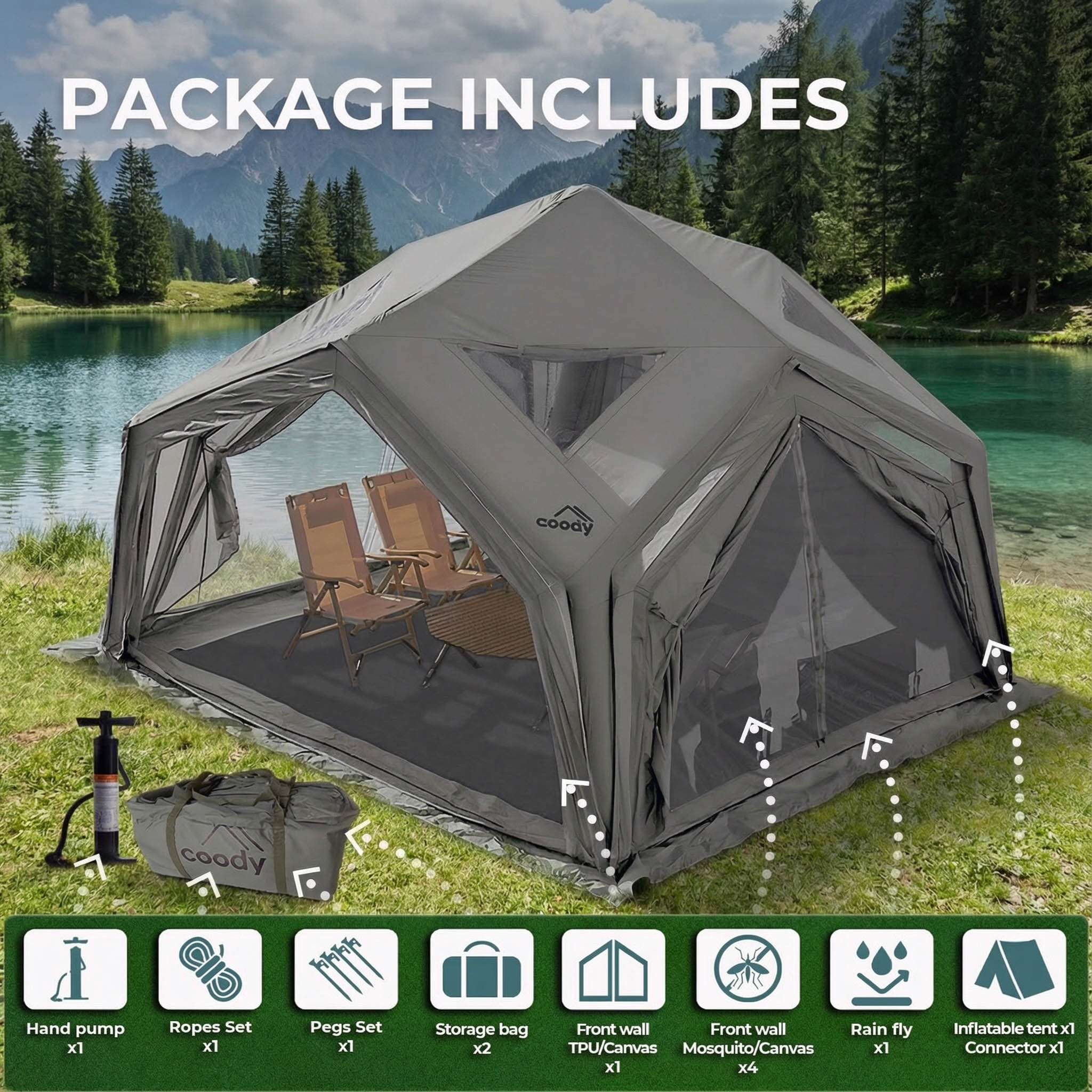 Coody AirTent Hub Shelter Gray Inflatable Tents for Camping (2-6 Person)