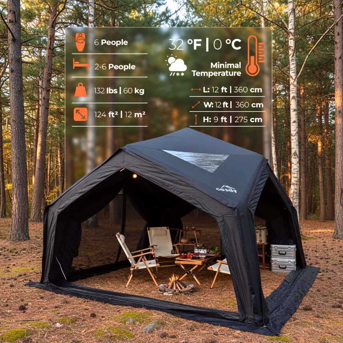 Coody AirTent Hub Shelter Black Inflatable Tents for Camping (2-6 Person)