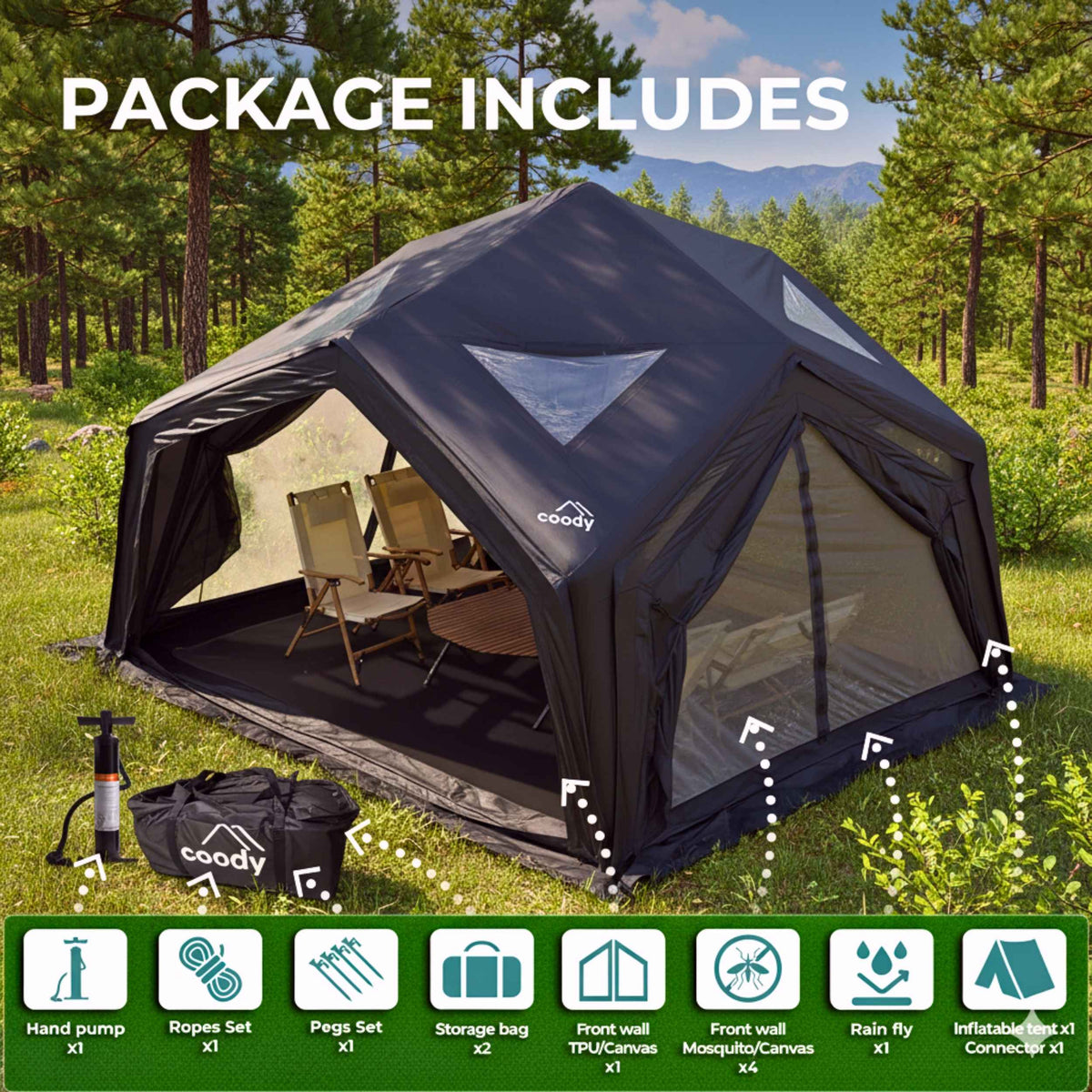 Coody AirTent Hub Shelter Black Inflatable Tents for Camping (2-6 Person)